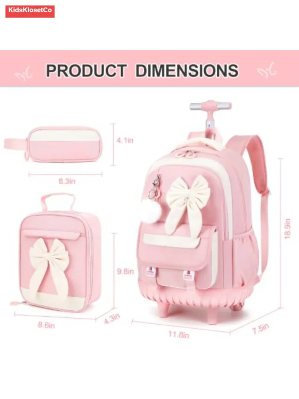 Rolling Backpack Girls 3PC Set with Lunch Bag & Pencil Case Wheeled Bookbag